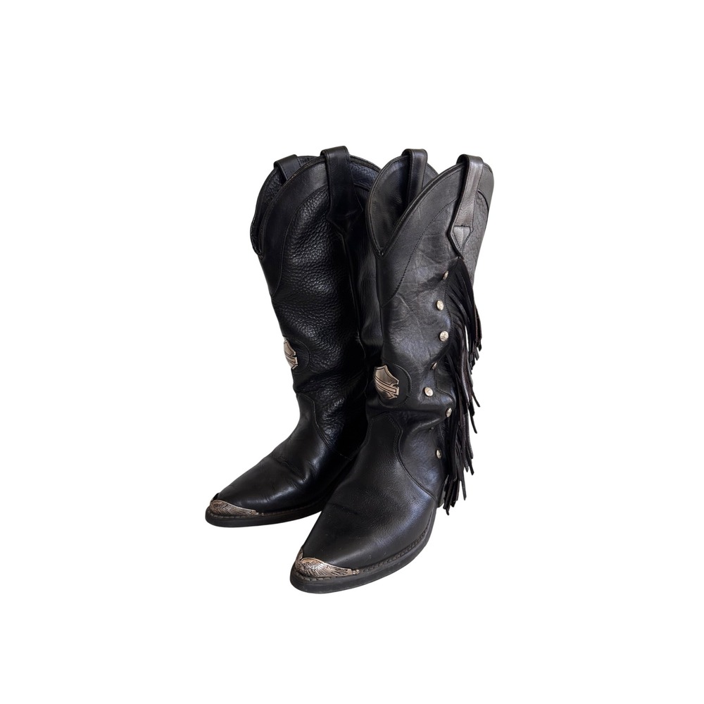 Harley Davidson Vintage Black Leather Fringe Western Biker Boots Metal Toe Tips
